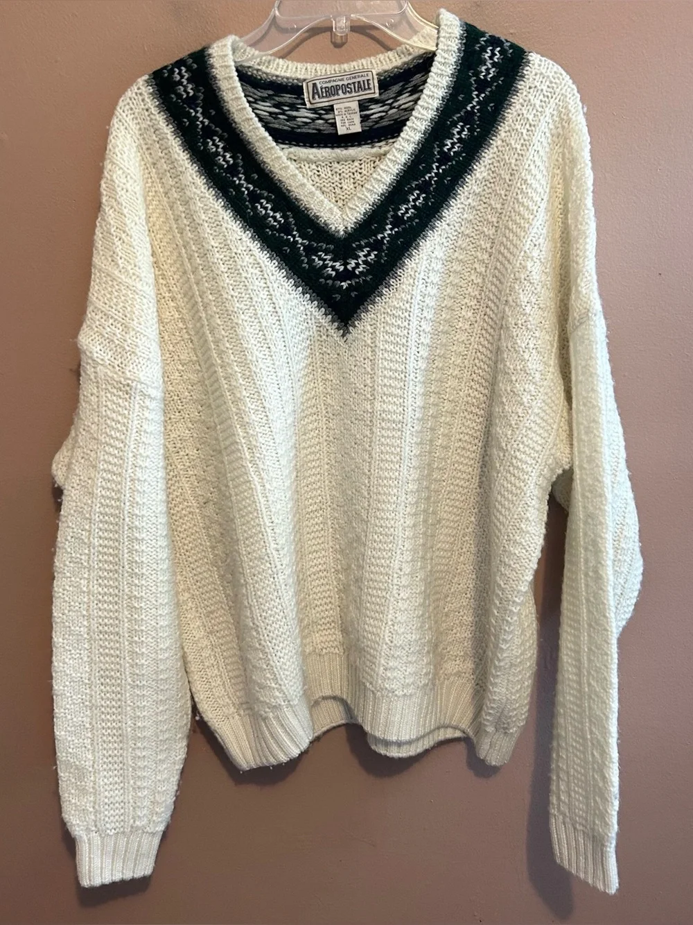 Vintage 90’s Aeropostale Wool V Neck Knit Sweater Cream / Green Men’s XL